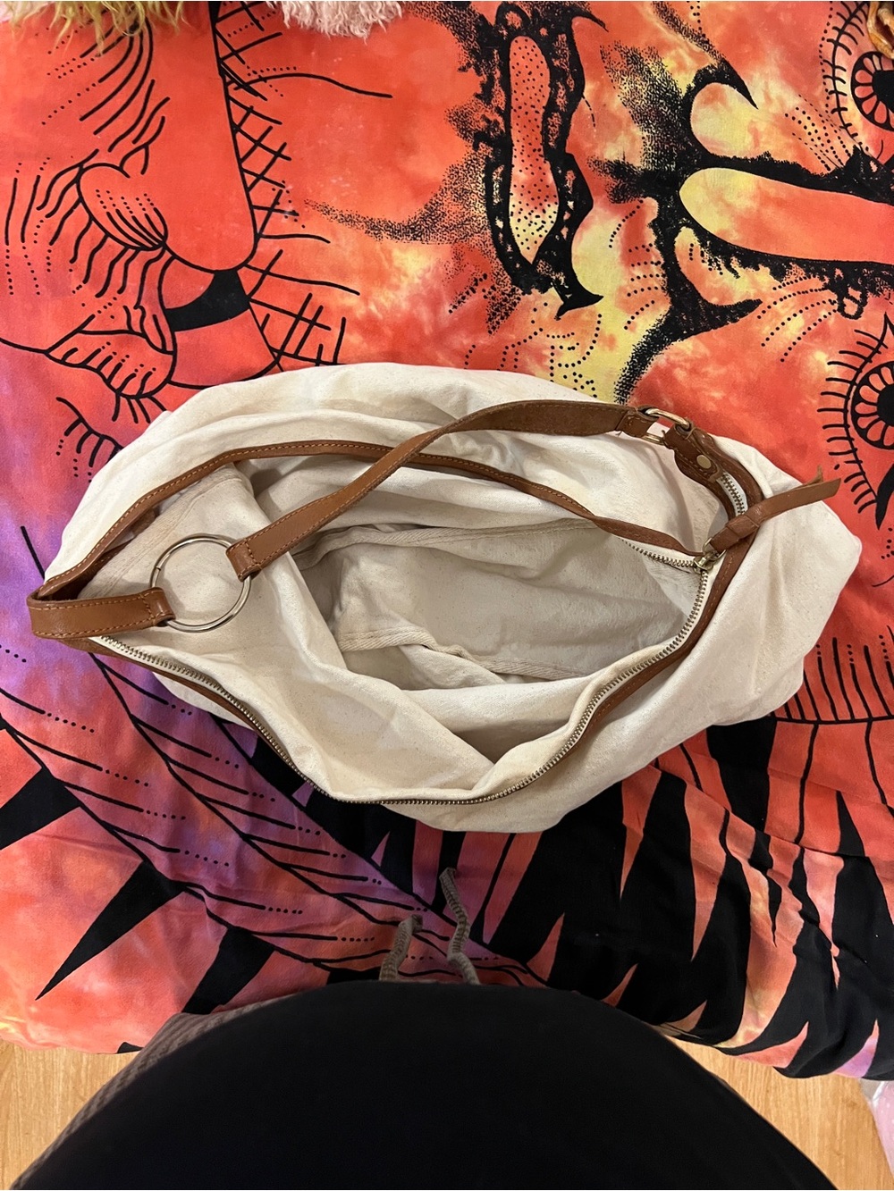 Casual Canvas Shoulder Bag with Tan Leather Straps - Cream